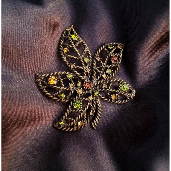 Vintage AVON Signed Rhinestone Fall Autumn Dark Amber and Green Rhinestones Bron - Picture 2 of 5